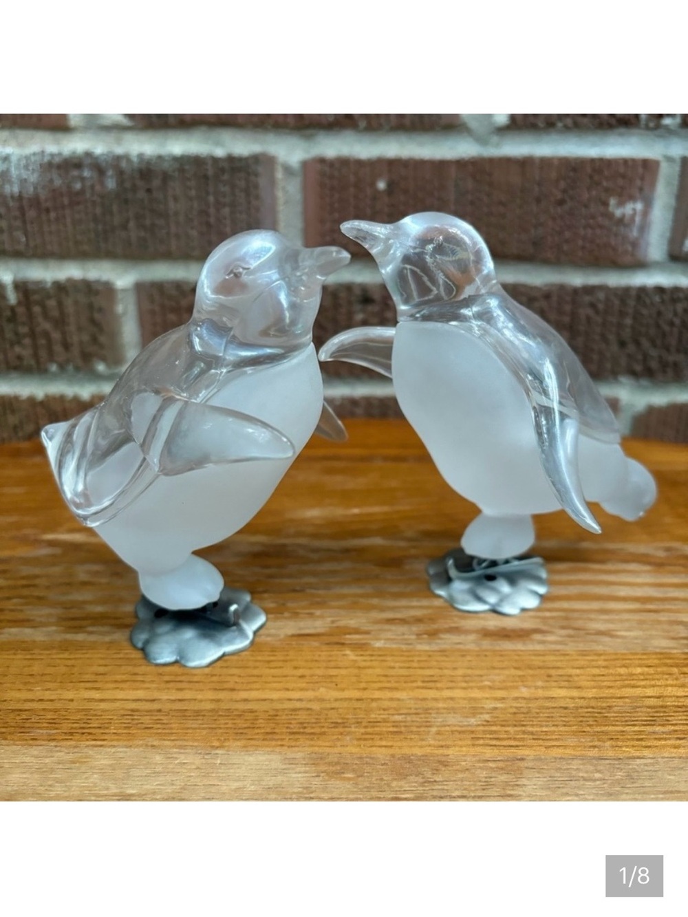 Lucite Penguins Mid Century Modern On Ice Skates Clear & Frosted 5” Tall Set 2